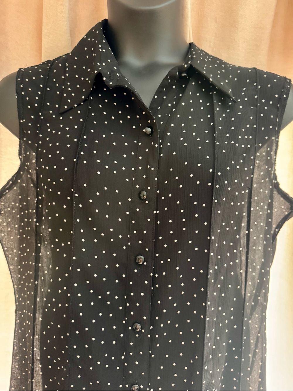 Sandra Darren Black Sleeveless Polka Dot Button-Front Sheer Dress